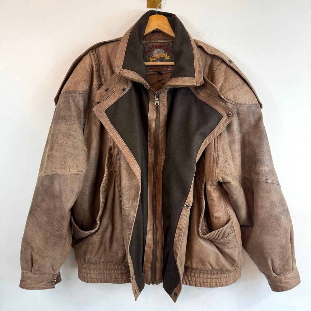 Vintage Adventure Bound Wilsons Leather Distressed Brown Moto Bomber Jacket L